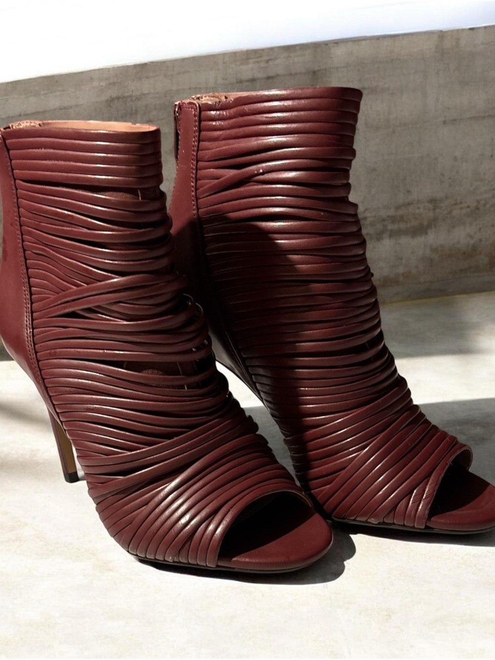BCBGeneration Burgundy Ruched Peep-Toe Ankle Booties